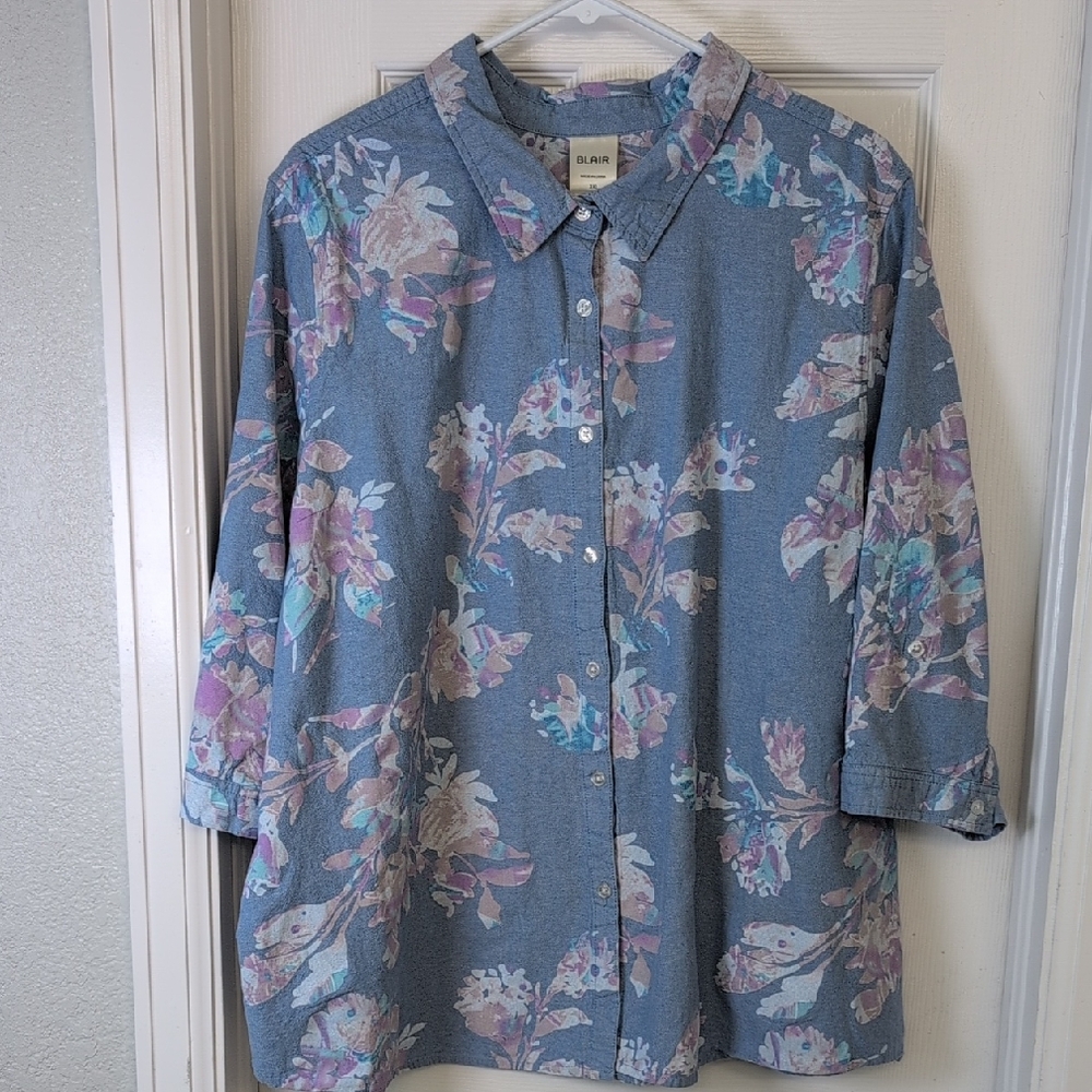 Blair 100% Cotton Floral Button Down Shirt - Blue and Pink Size 3X
